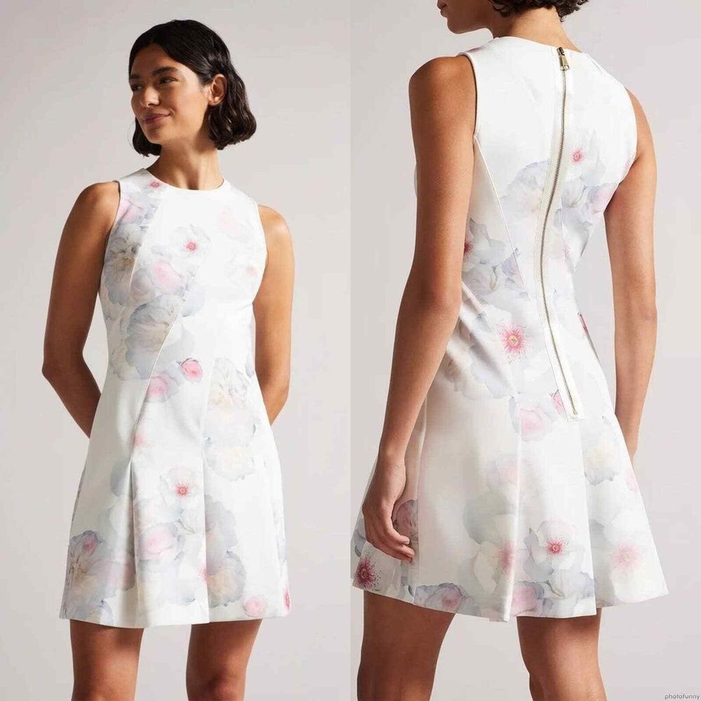 Ted Baker Skater Dress 14 Mini Sleeveless Stretch Romantic Wedding Floral White